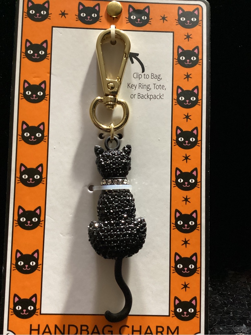 Black Crystal Cat Key & Card Holder Charm with Gold-Tone Clasp